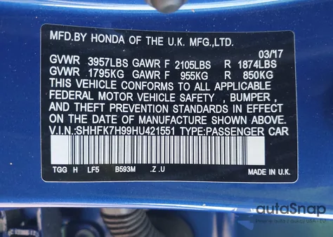 2017 Honda Civic Sport Touring from USA, damaged, VIN SHHFK7H99HU421551